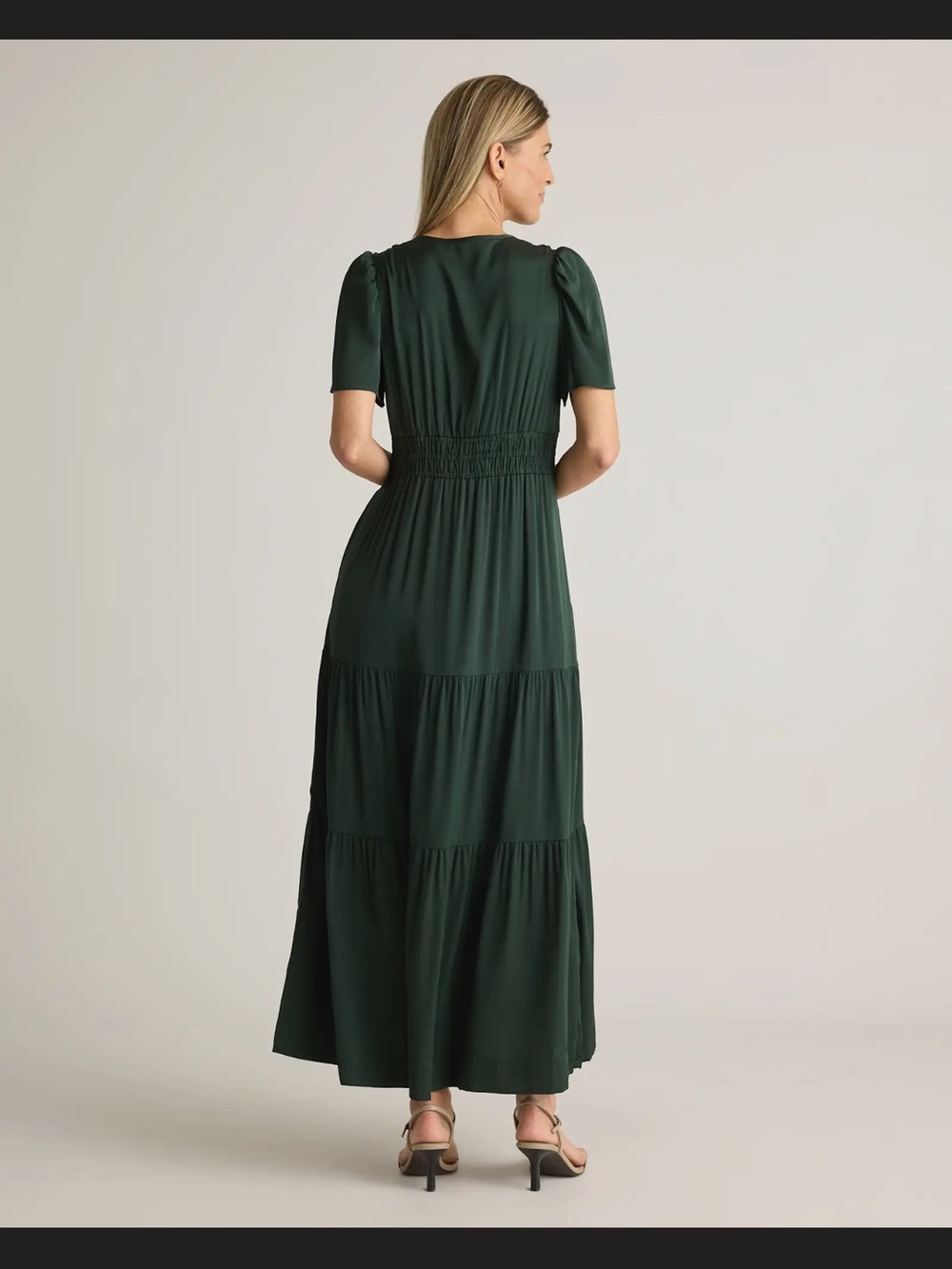 Quince Washable Silk Tiered Maxi Dress Dark Forest Green Size M V Neck Pockets - Picture 2 of 14
